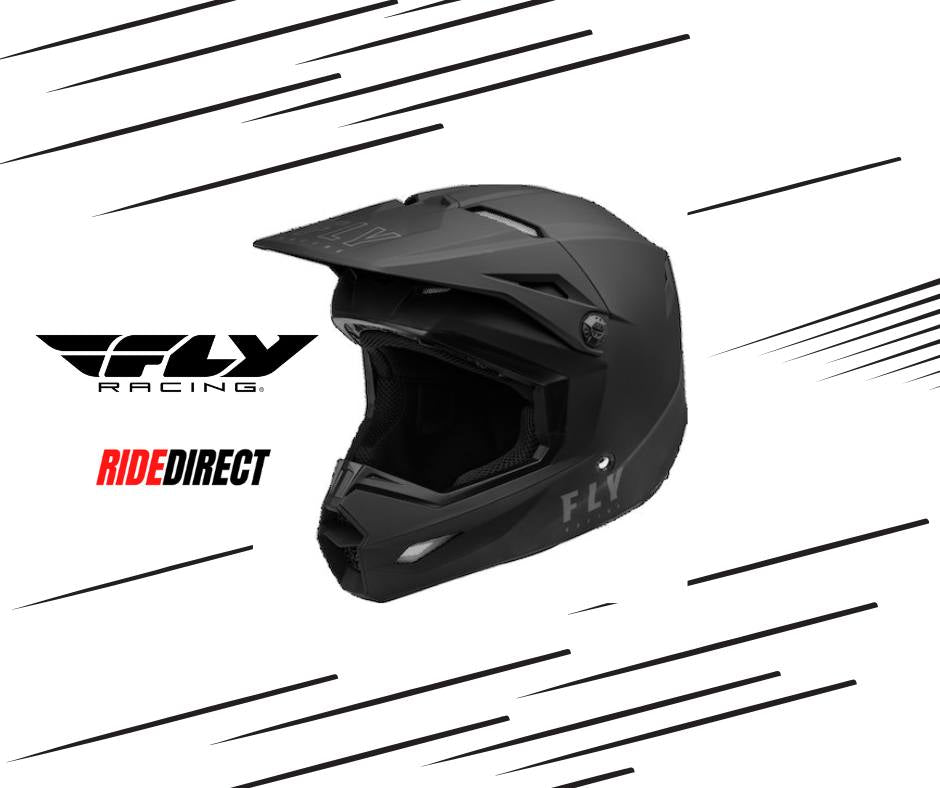Black motorcycle helmet with Fly Racing logo on a white background