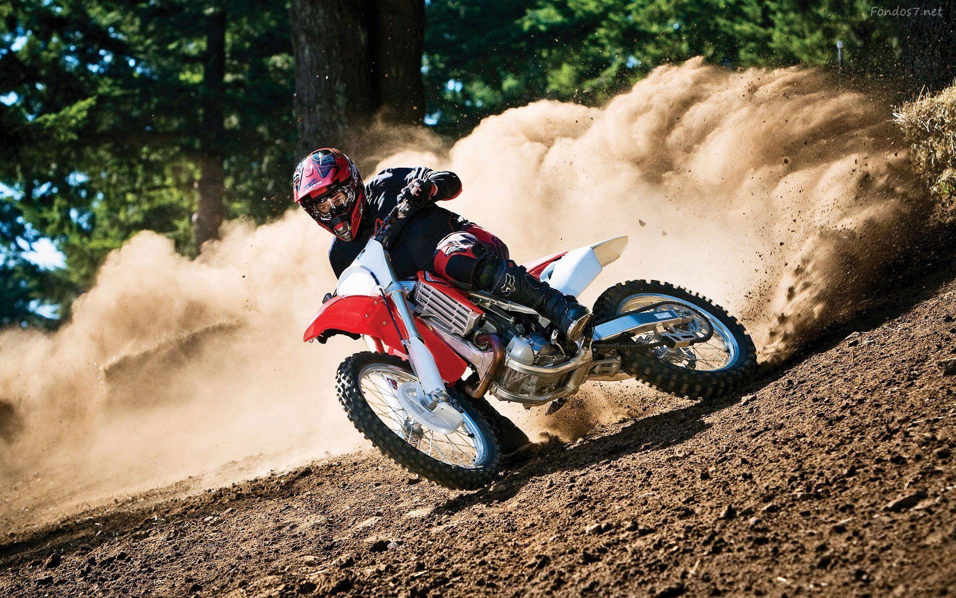 Motorcycle rider on a dirt track with dust and trees in the background