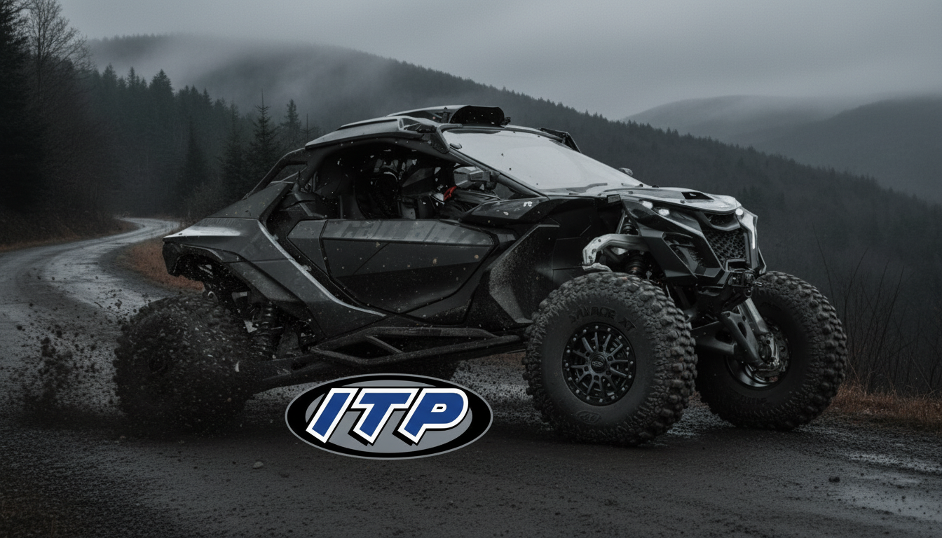 Off-road vehicle in a forest with ITP logo