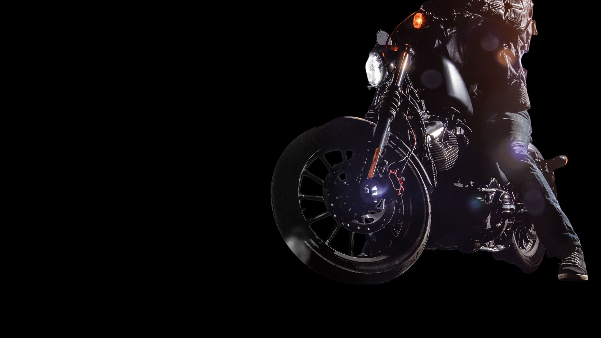 Motorcycle with a rider on a dark background, featuring the 'Ride Direct' logo.